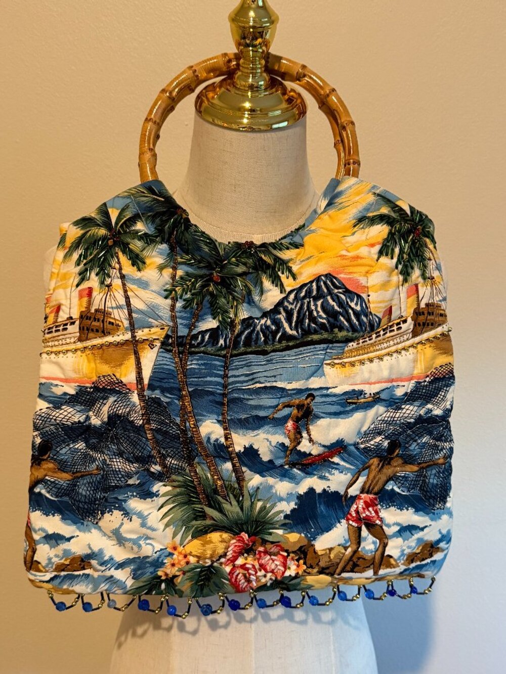 Retro Tropical Hawaiian Print Tote Bag with Bamboo Handles - Picture 1 of 9